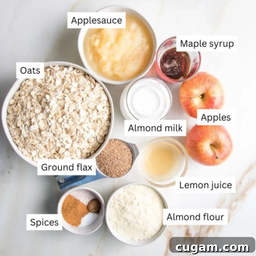 Labeled ingredients including applesauce, oats, almond milk, maple syrup, fresh apples, spices, lemon juice, and almond flour, ready for baking.