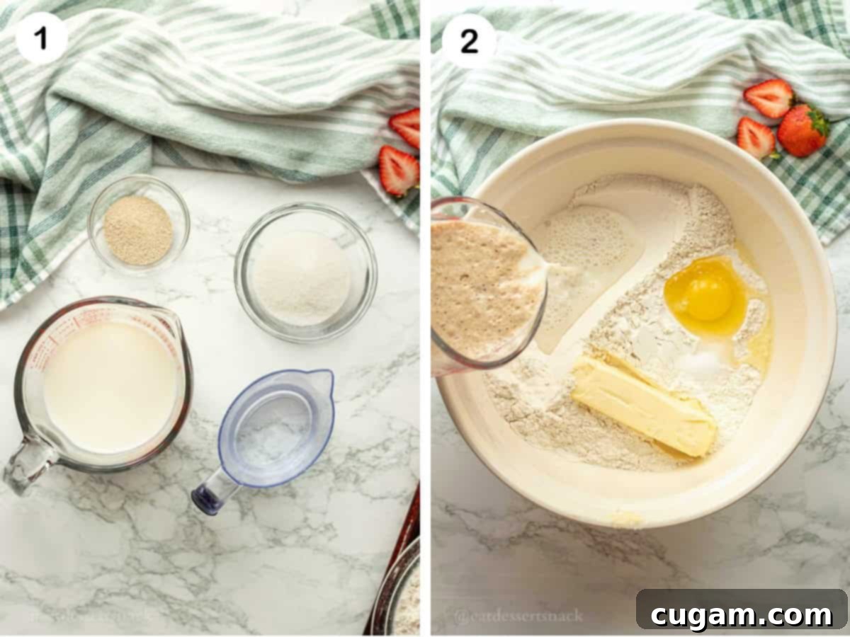 Yeast, sugar, milk in glass bowls and butter, egg, and flour in mixing bowl.