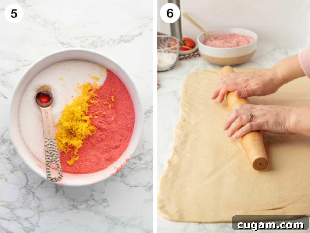 Strawberry powder, sugar, and vanilla in white bowl and rectangle of raw dough with rolling pin.