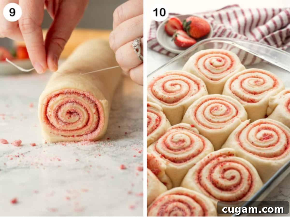 Cutting strawberry rolls with floss and risen rolls in glass pan.