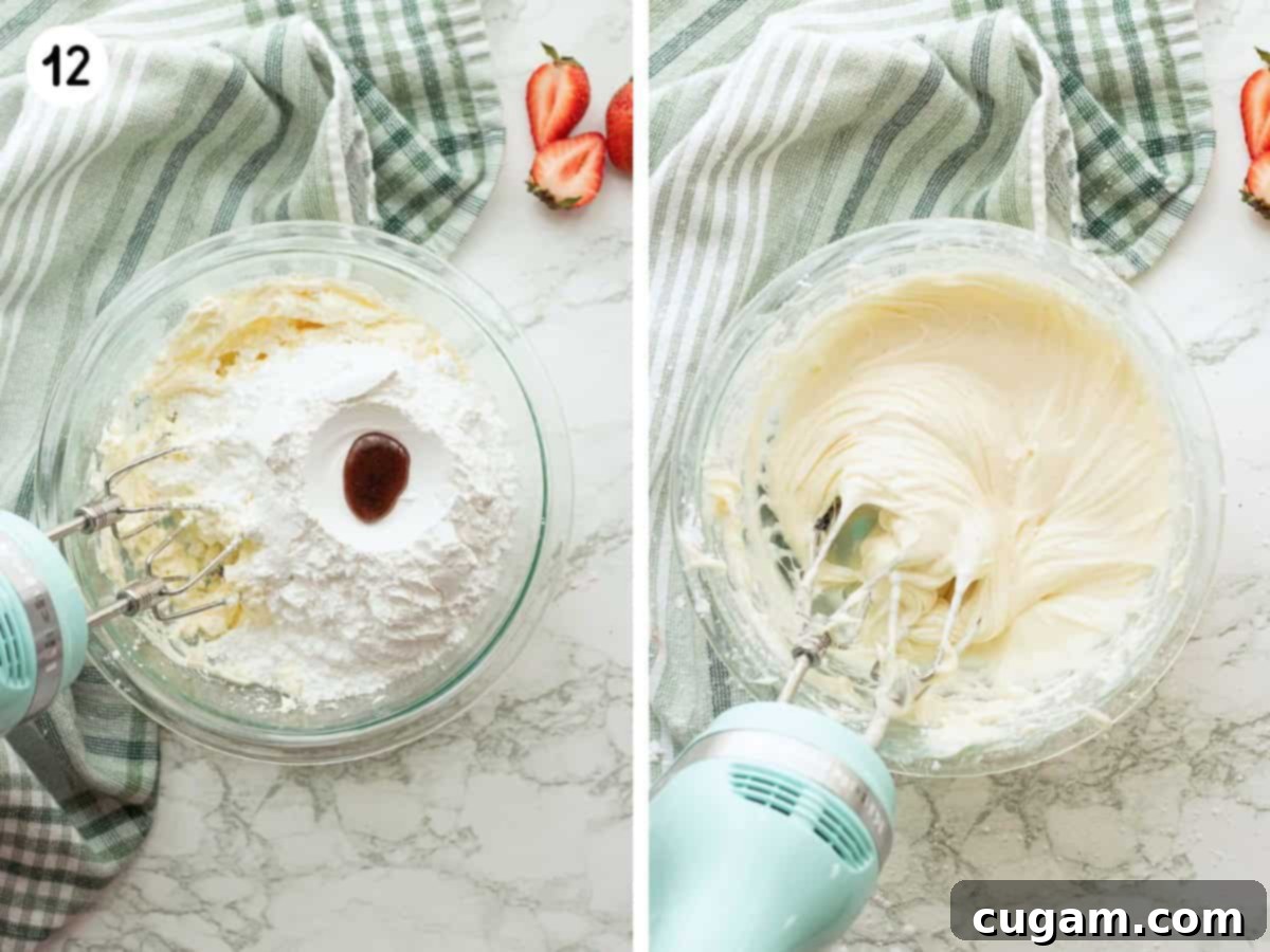 Cream cheese, powdered sugar, and vanilla in mixing bowl and mixed frosting.