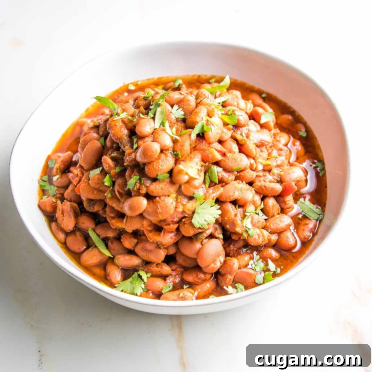 Mexican style beans with fresh herbs in a white bowl.
