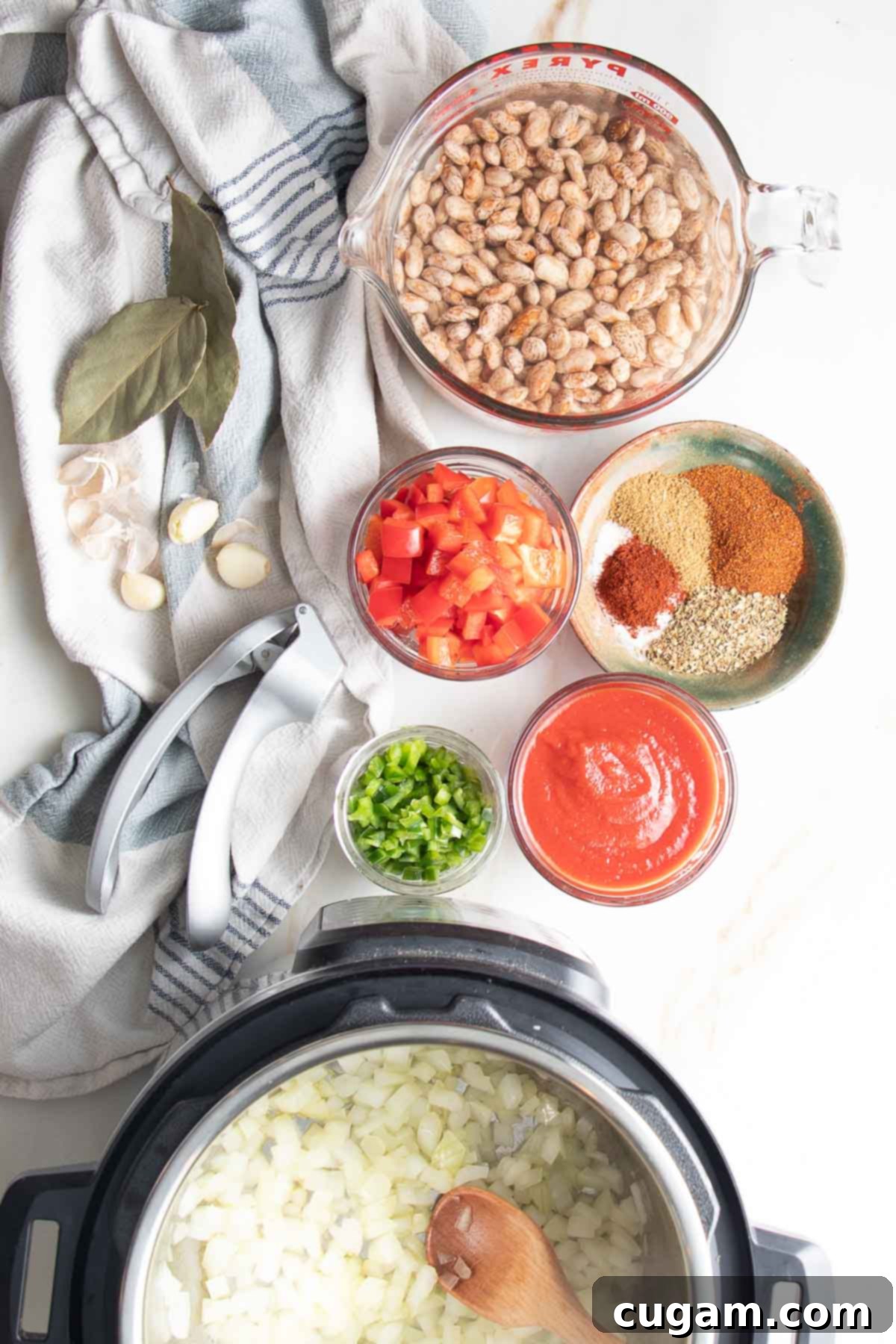 Dried, soaked pinto beans, chopped veggies, tomato sauce and spices plus instant pot sauteeing onions.
