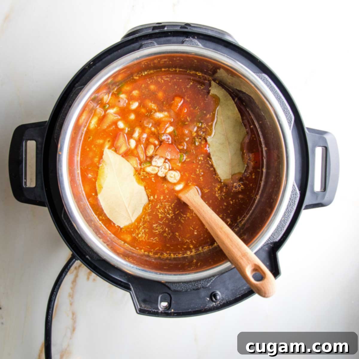 Instant pot filled with tomato sauce, spices, bay leaves and veggies.
