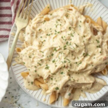 Cooked crockpot italian chicken on white plate.