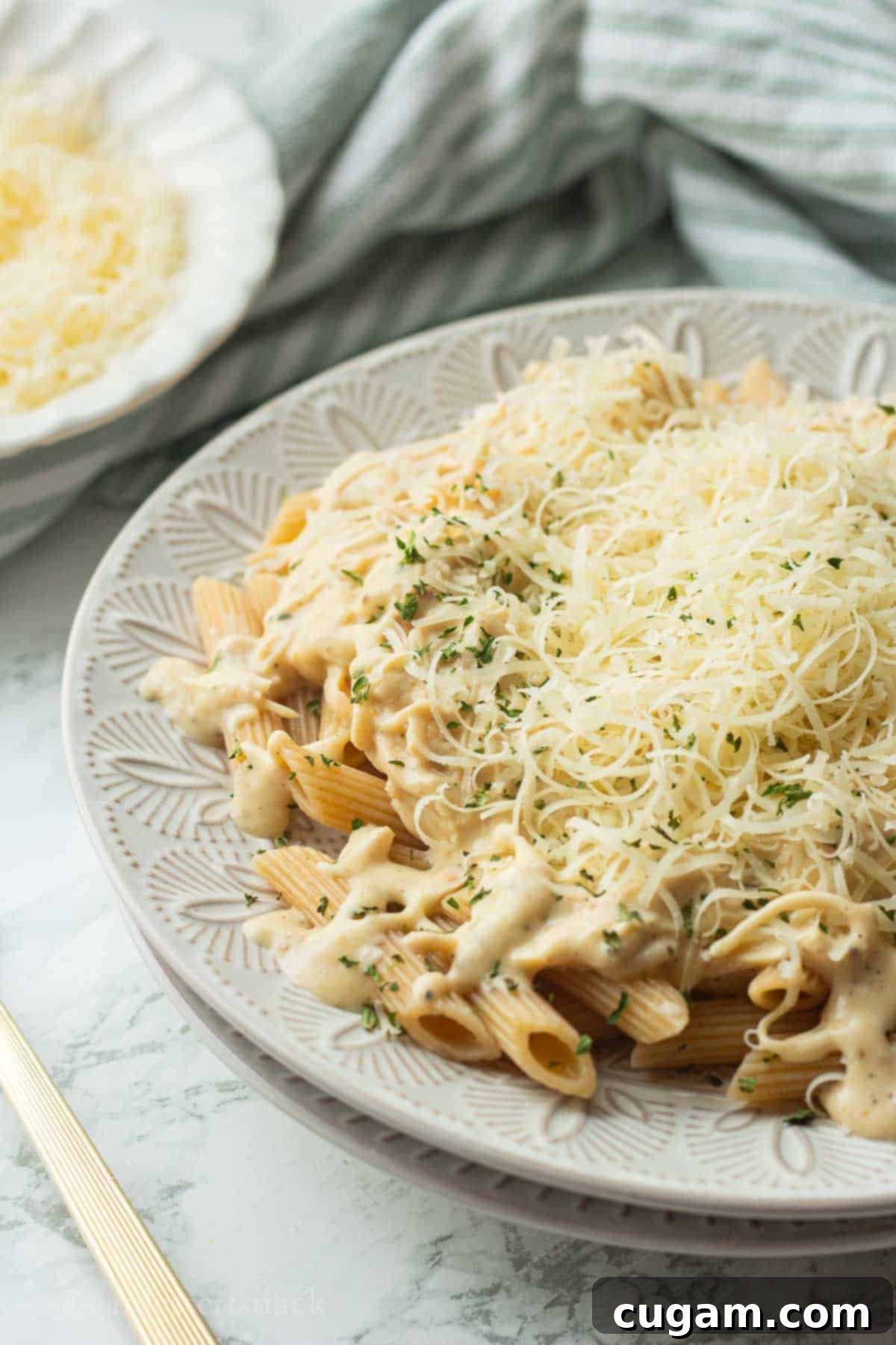 Cooked crockpot italian chicken on white plate with parmesan cheese.