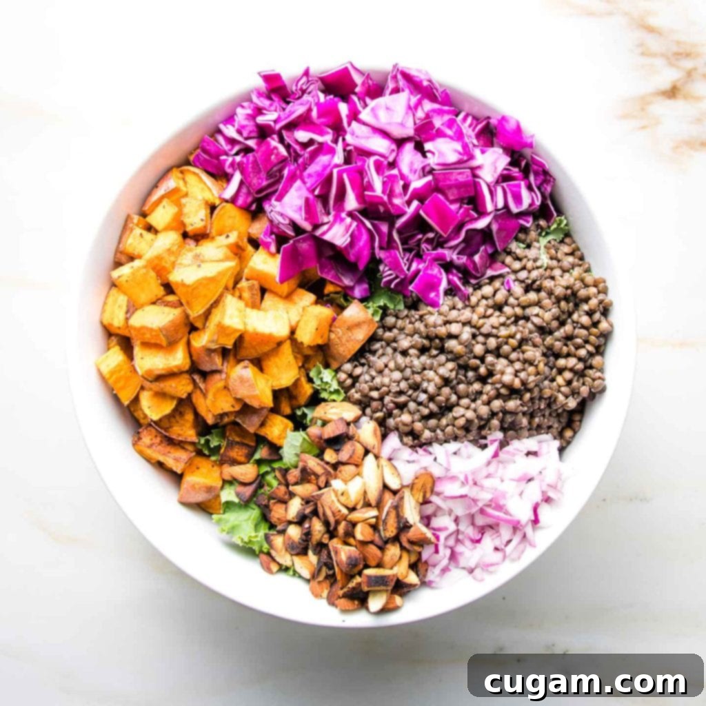 A varied bowl showcasing the prepared ingredients: roasted sweet potato cubes, coarsely chopped purple cabbage, cooked black lentils, finely diced red onion, and toasted almonds, all ready for assembly.