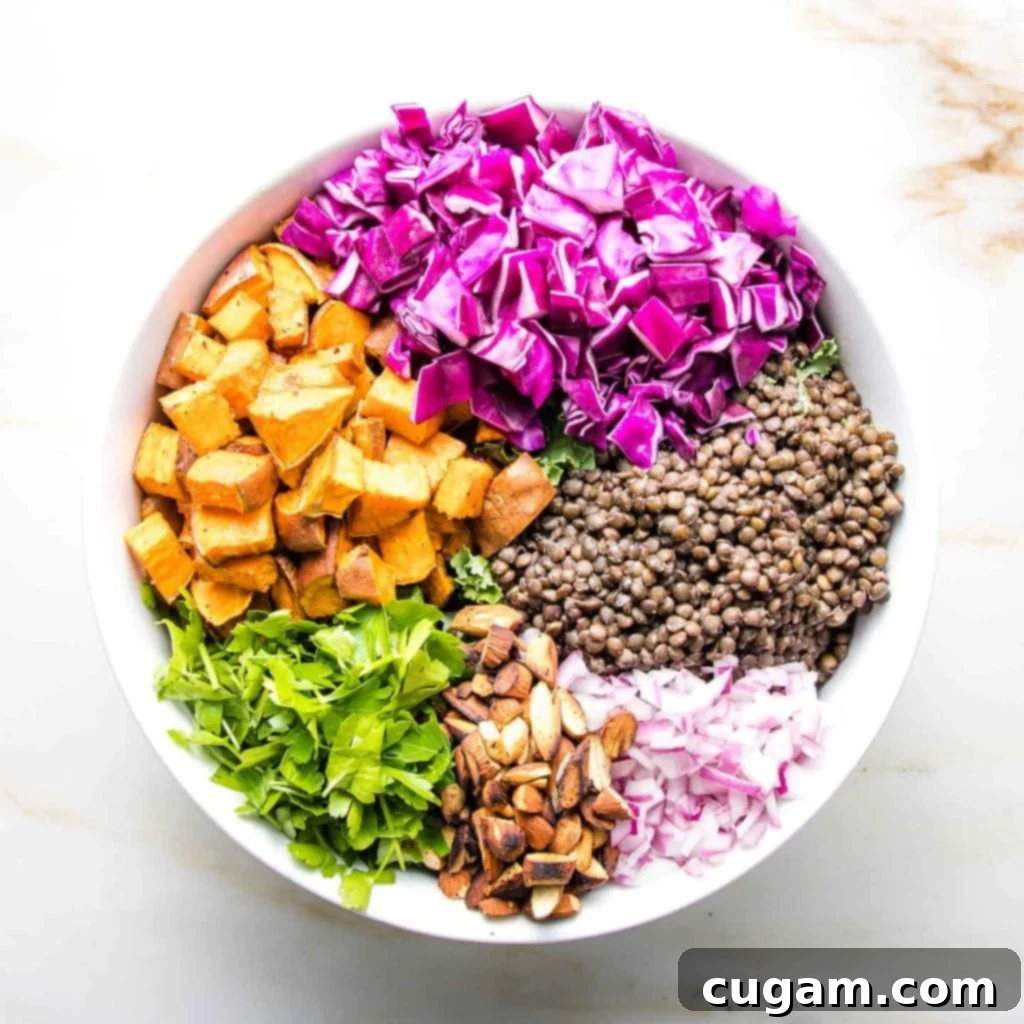 A vibrant wheel of colorful vegetables and lentils arranged in a large bowl, garnished with fresh parsley.