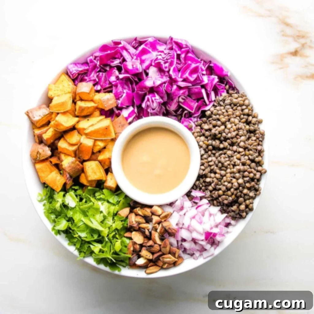 Beautifully arranged vegan lentil salad ingredients surrounding a small dish of the creamy miso mustard dressing.