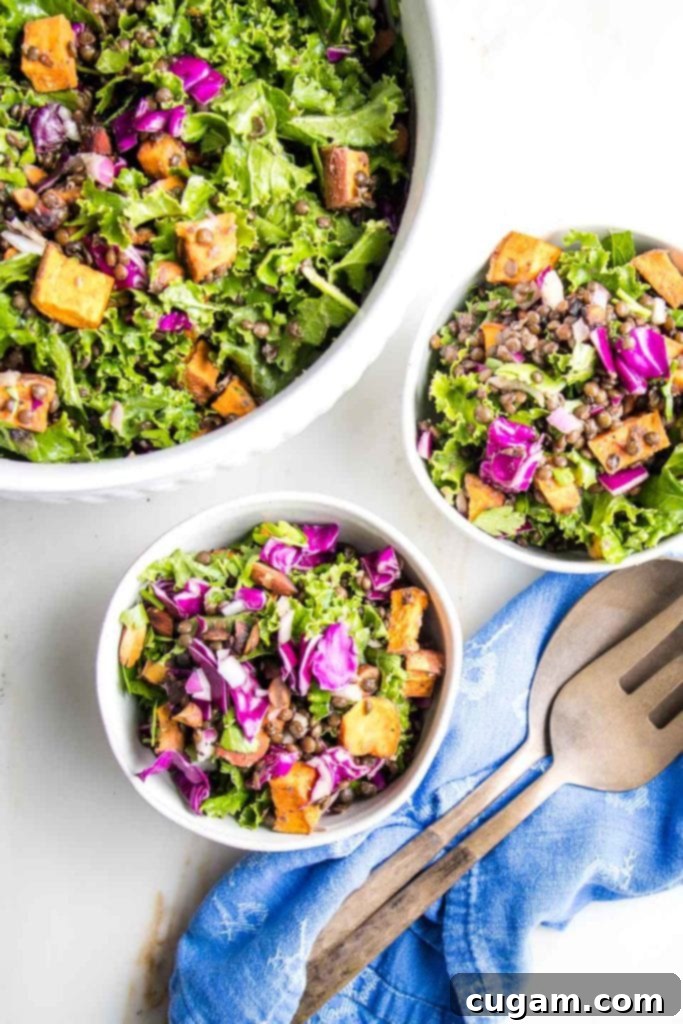 A large bowl of colorful lentil salad, alongside two smaller bowls filled with purple cabbage, orange sweet potatoes, black lentils, almonds, and onions, ready for serving.