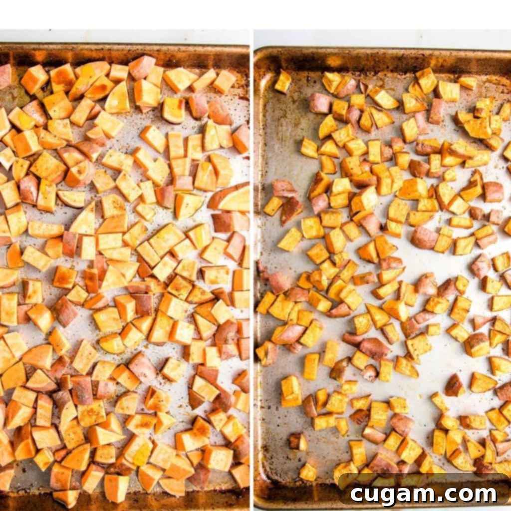 Cubes of sweet potatoes neatly arranged on a rimmed baking tray, shown before and after roasting to a perfect golden caramelization.