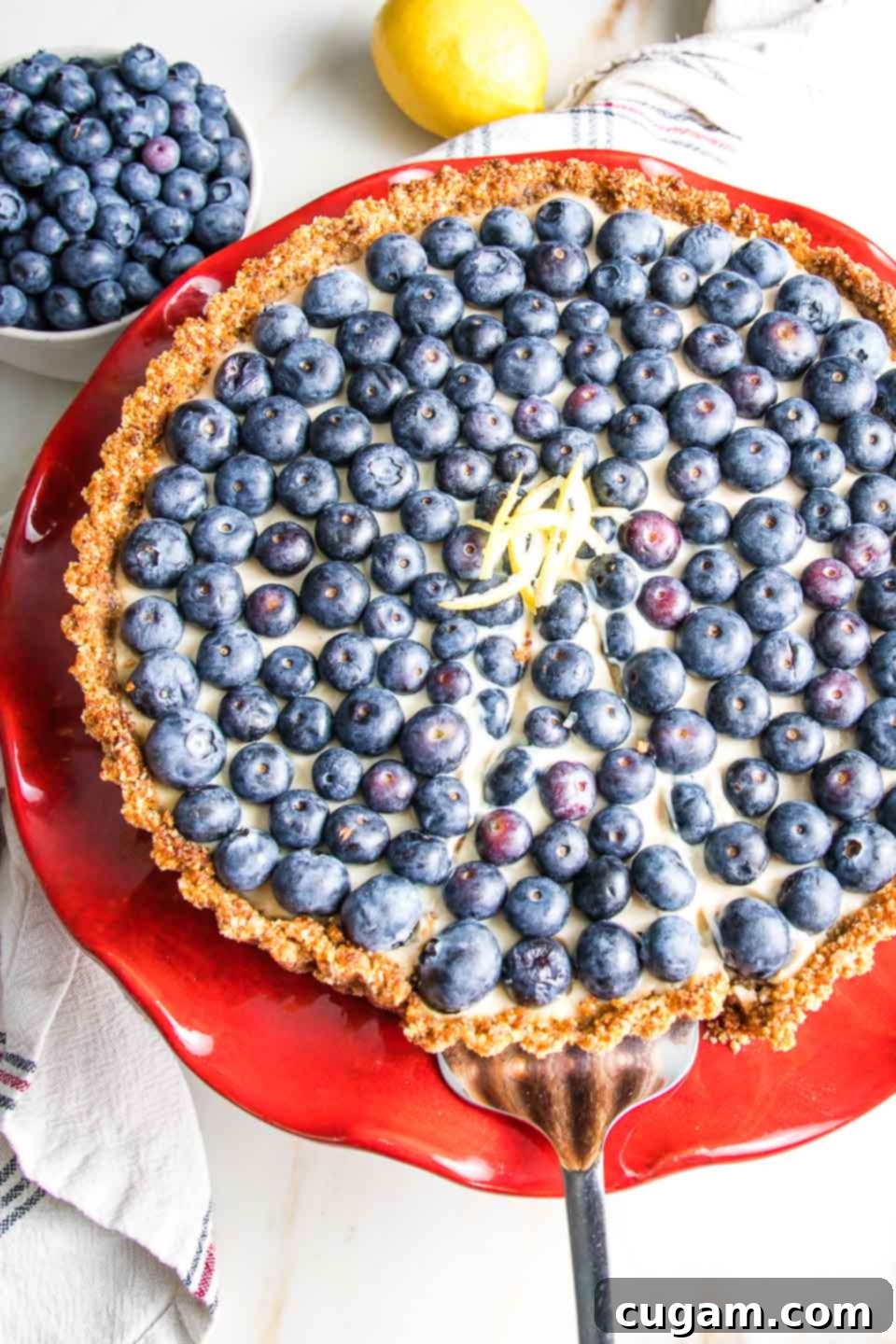 Red cake stand with a blueberry tart on top, garnished with lemon peel. Background of lemon and bowl of blueberries. 