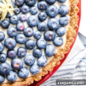 Right corner close up of blueberry tart with creamy filling on a bright red cake stand.