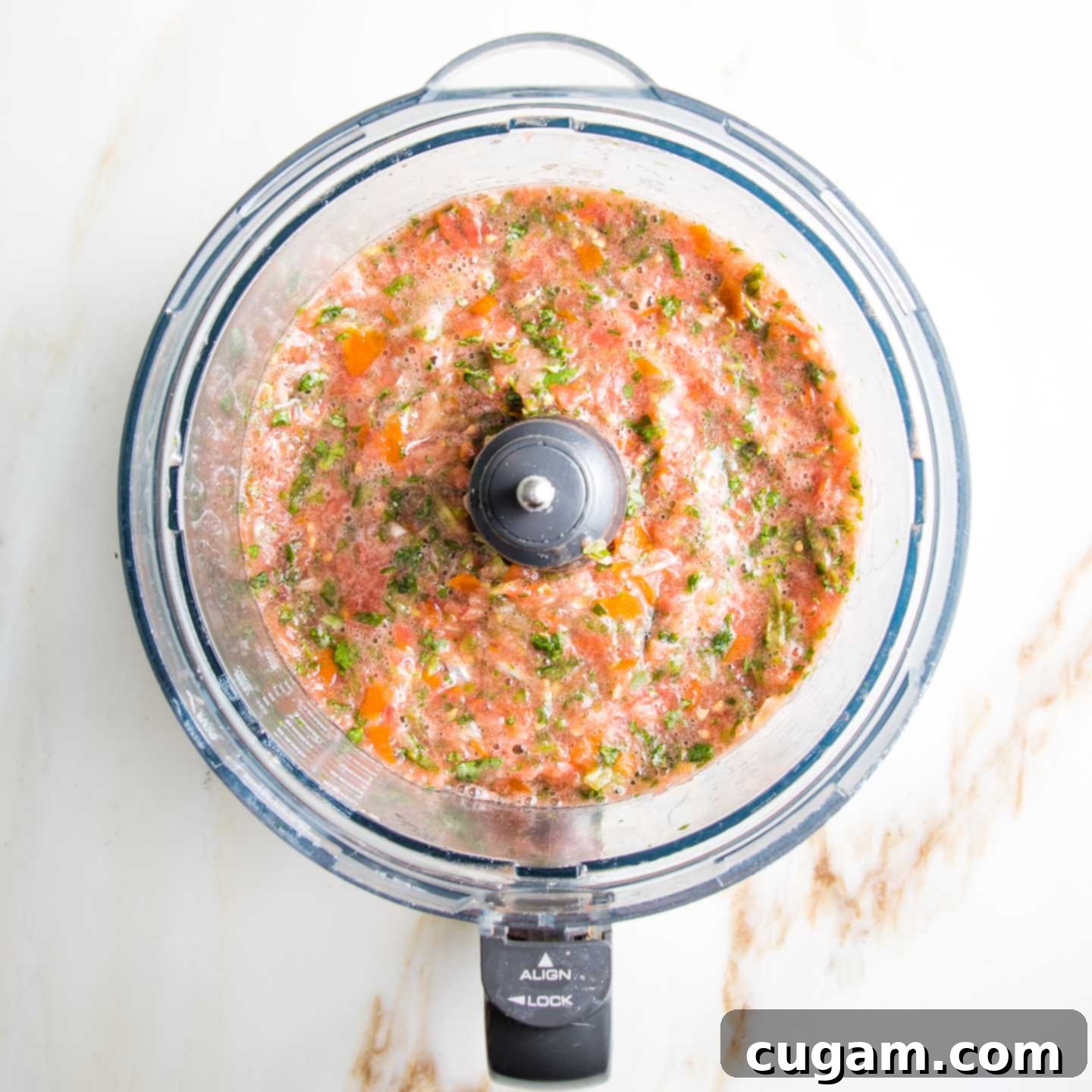 Salsa in a food processor, after being pulsed to a chunky consistency.