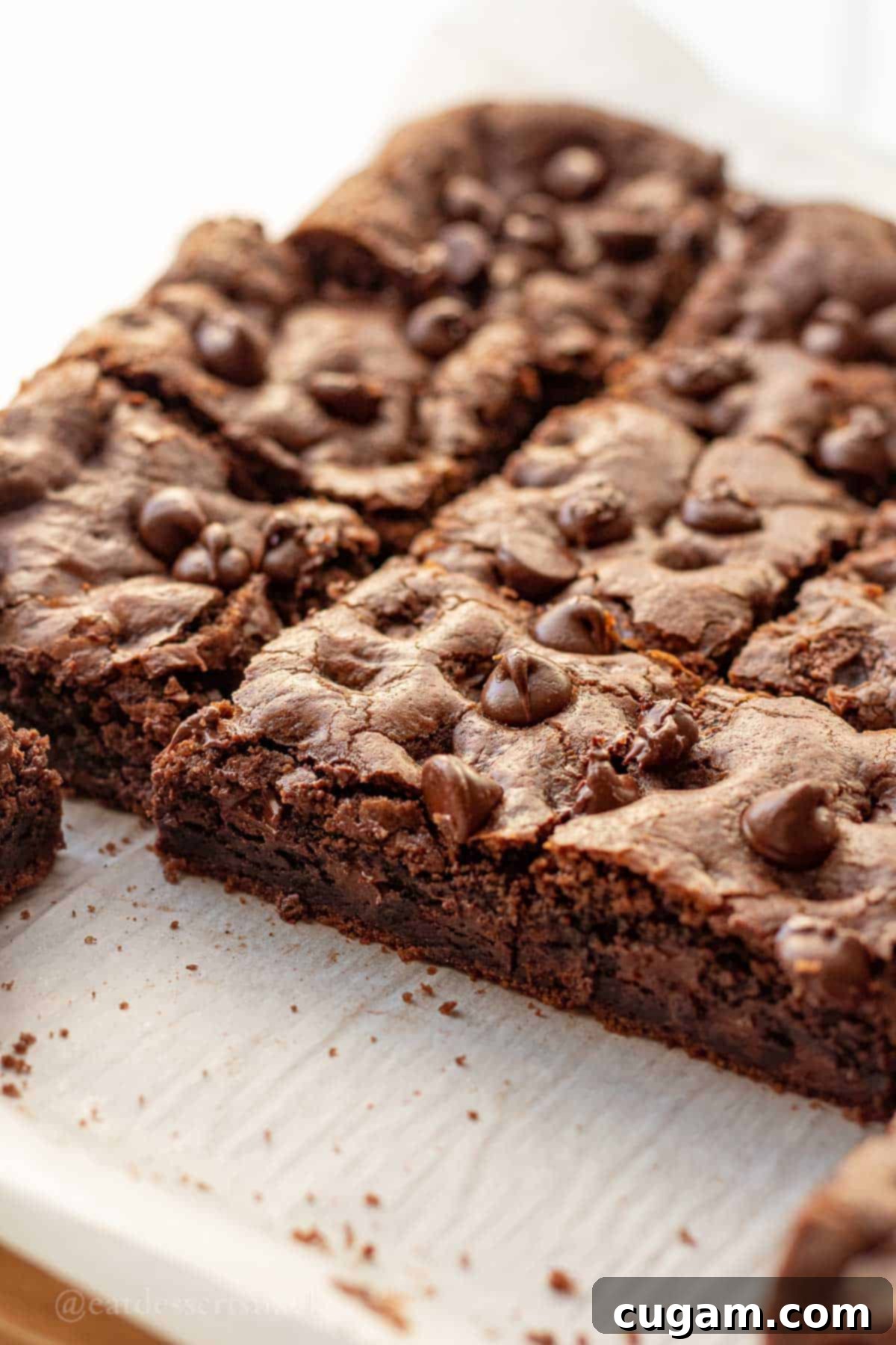 Baked double chocolate cookie bars on parchment paper.