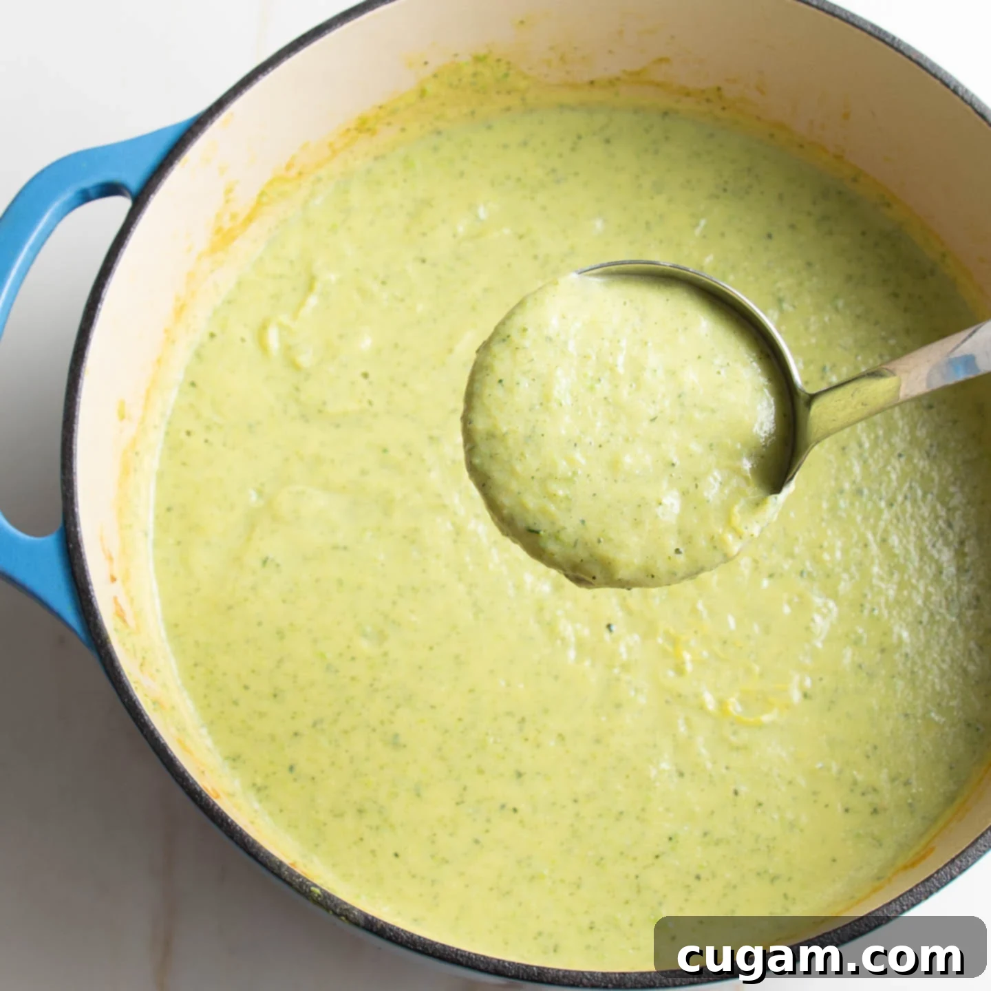 Zucchini Soup Delight 11 Two bowls of creamy green soup, garnished with julienned red pepper slices.