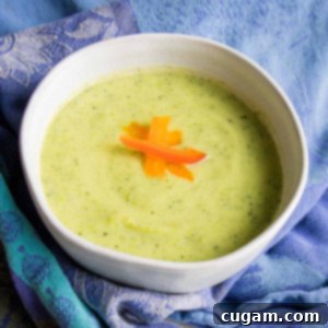 Easy Creamy Zucchini Soup 12 Light green creamy soup with red pepper slices as garnish.