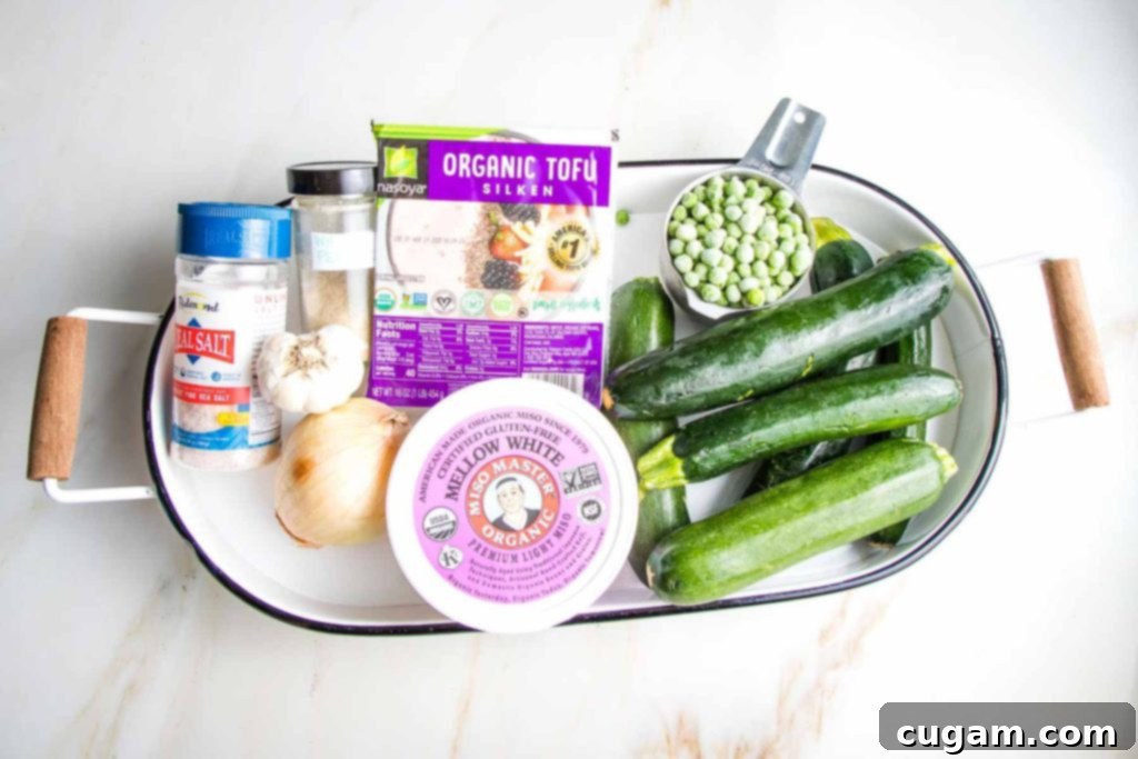 Easy Creamy Zucchini Soup 4 Ingredients for zucchini soup: miso paste, silken tofu, spices, zucchini, onion.