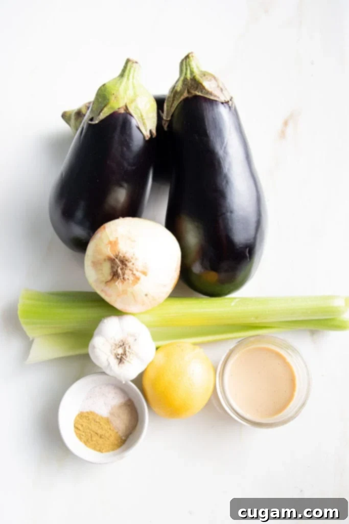 Eggplant, Onion, Celery, Garlic, Lemon, Tahini and spices for Baba Ganoush