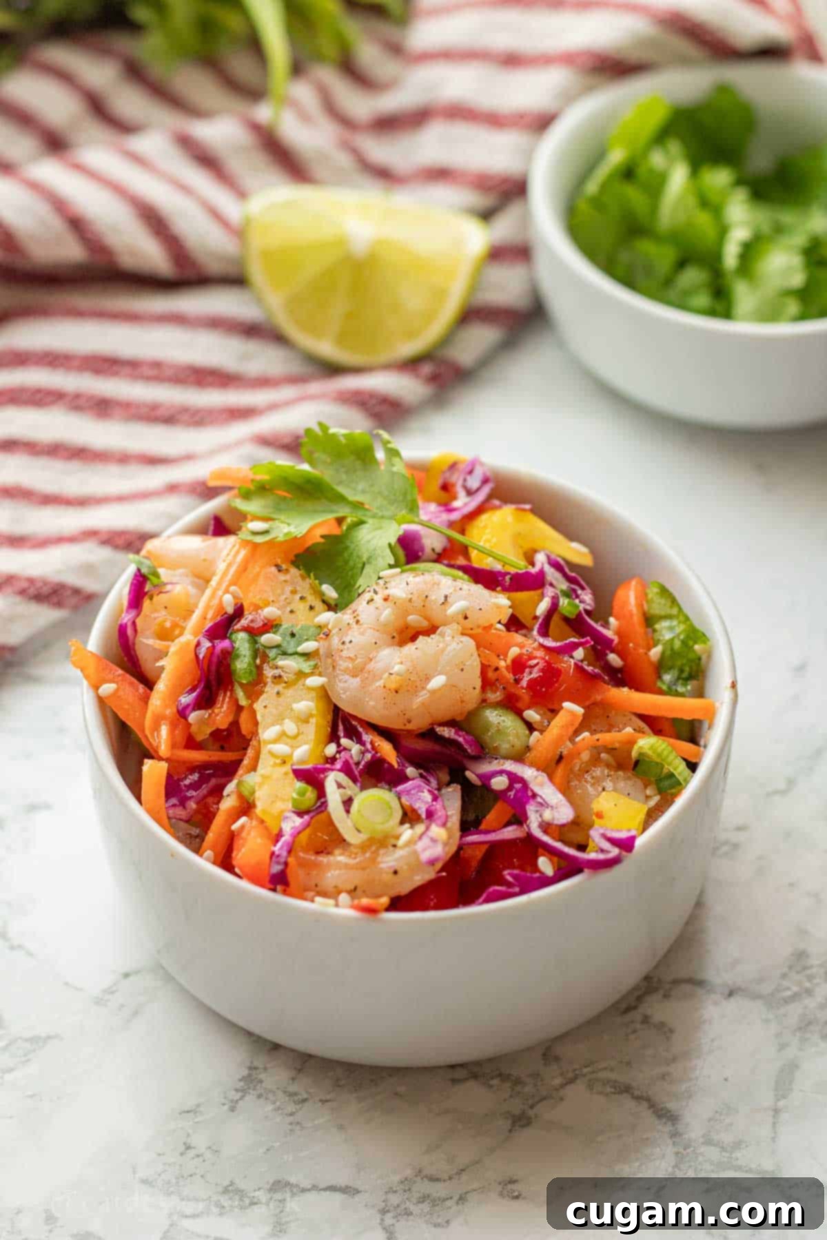 Assembled spring roll salad in small white bowl with sesame seeds.