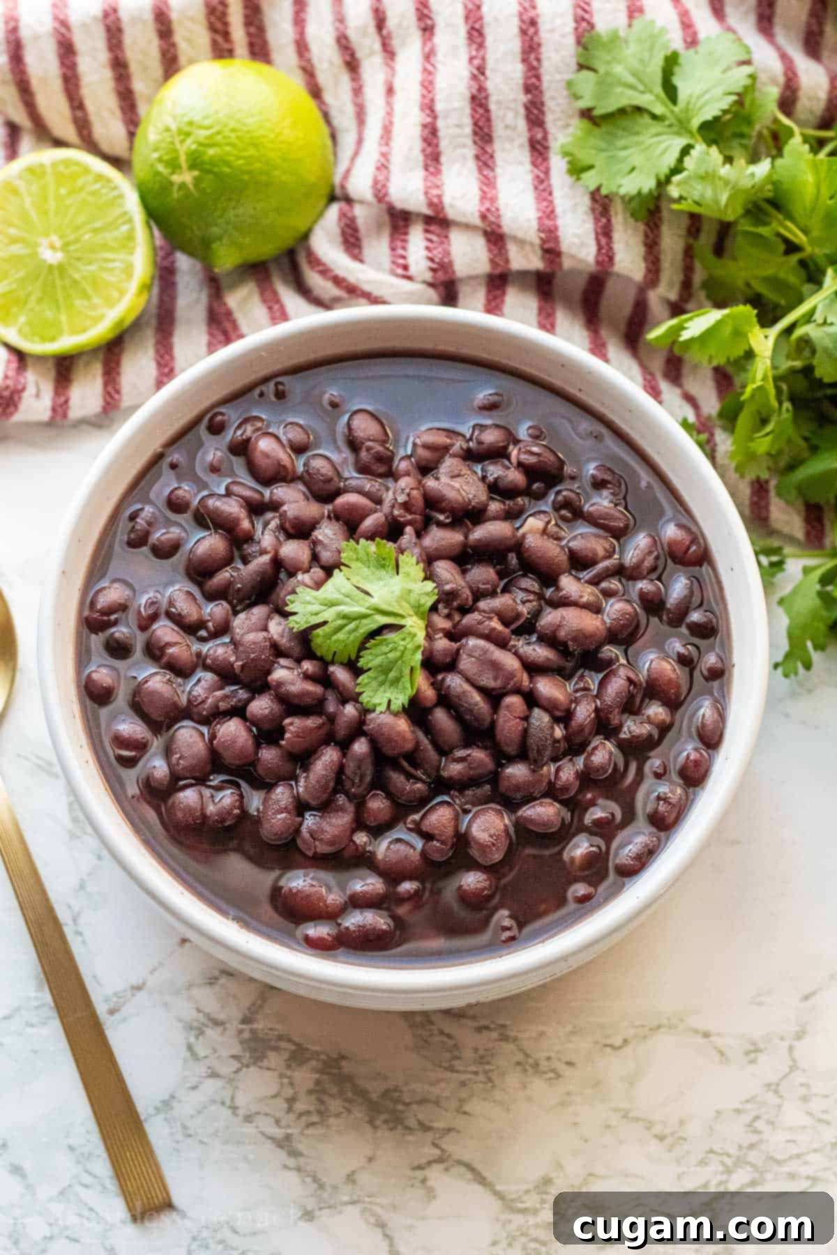 Cooked black beans with cilantro in white bowl with gold spoon nearby.