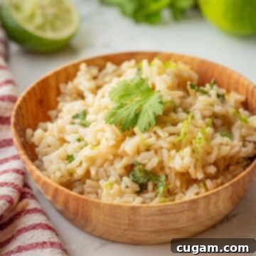 Cooked brown rice with lime zest and cilantro in wood bowl.