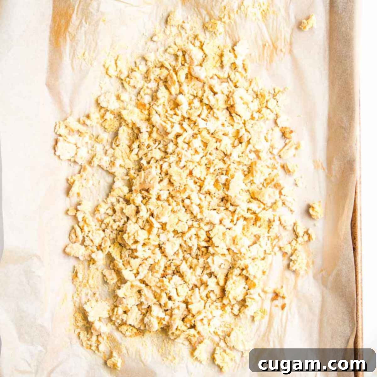 Delicious Vegan Mexican Street Corn 11 Crumbled vegan Cotija cheese on a baking tray after cooling.