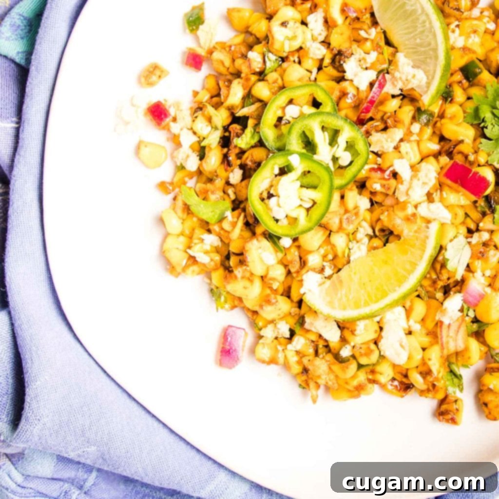 Delicious Vegan Mexican Street Corn 16 Overhead shot of the vegan street corn salad, showcasing its colorful ingredients and freshness.
