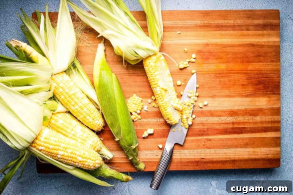 Delicious Vegan Mexican Street Corn 5 A person cutting fresh corn kernels off the cob, with husks pushed up.