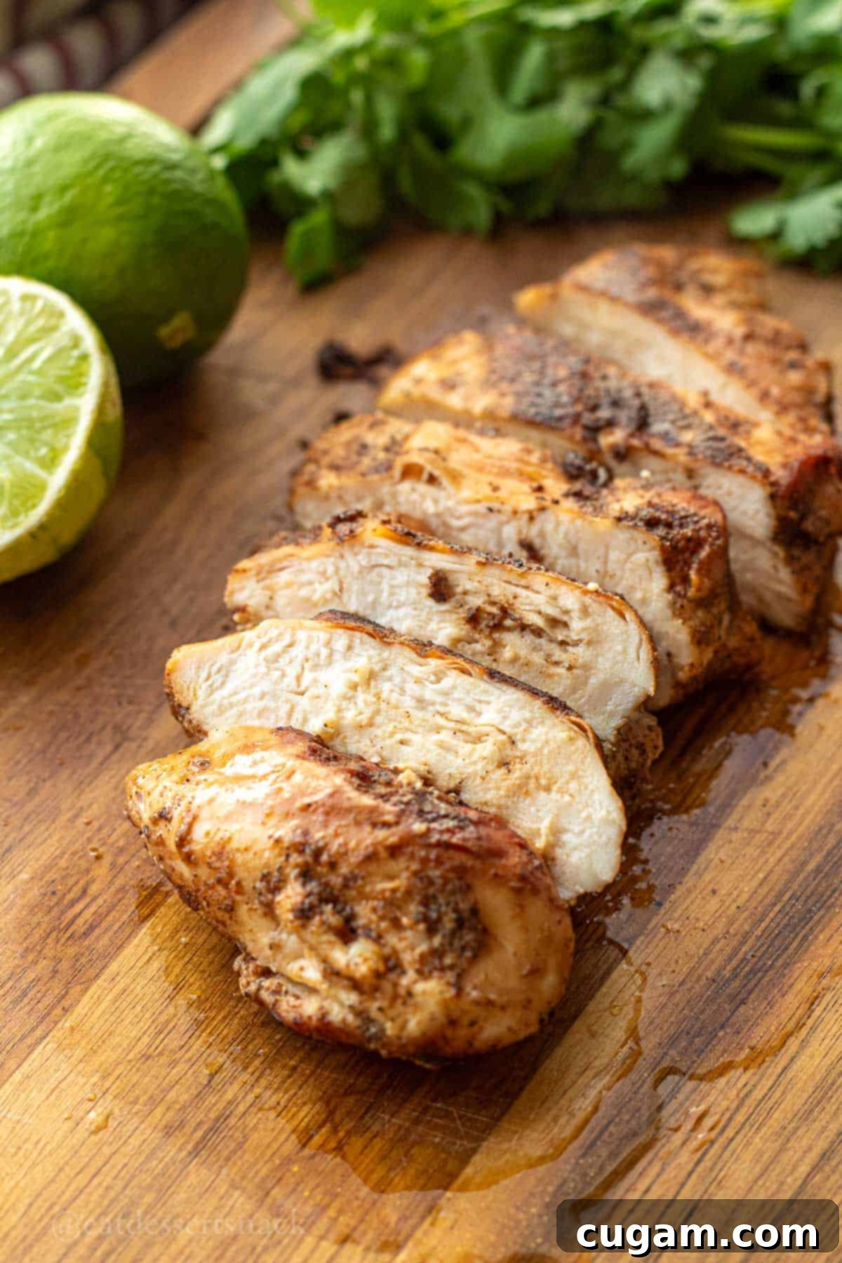 DIY Chicken Taco Spice Mix 8 Cooked chicken sliced on wood cutting board.