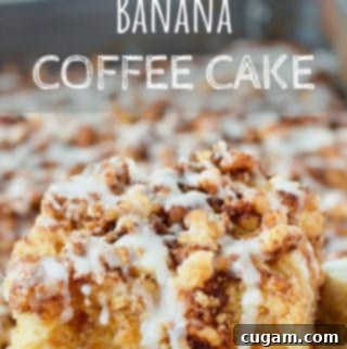 Slice of Banana Coffee Cake with icing. Text overlay with title.