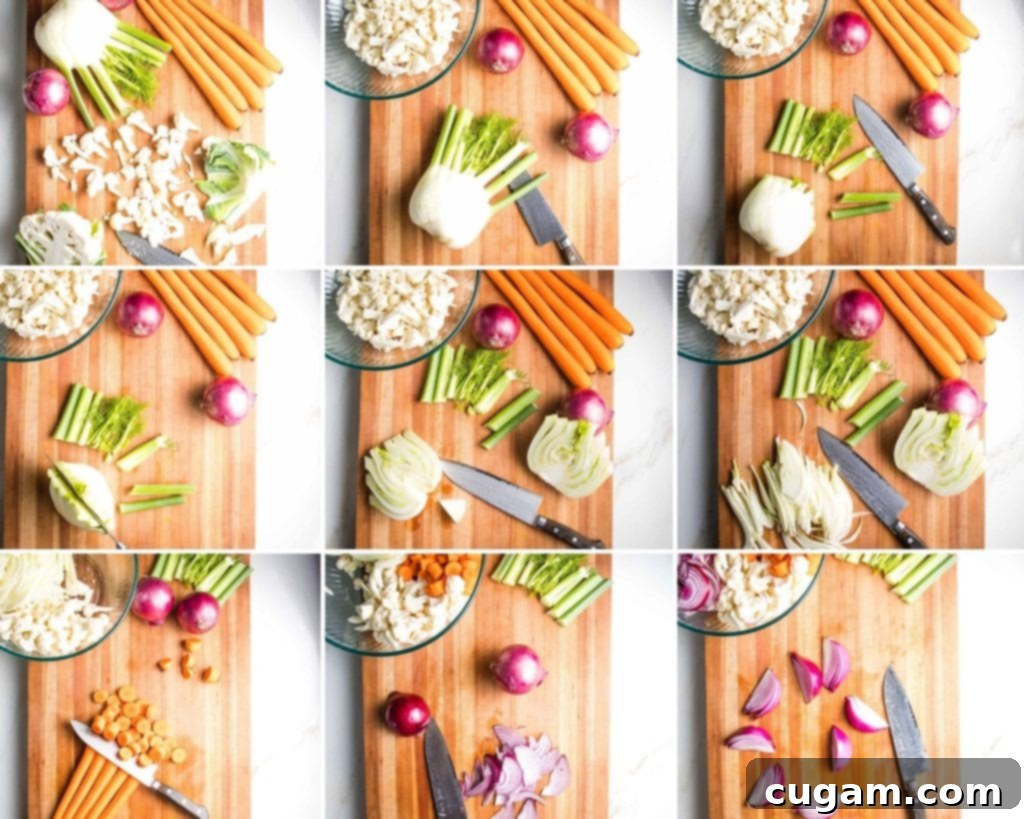 Step-by-step visual guide showing how to trim and cut cauliflower into florets, peel and slice carrots, cut red onions into wedges, and trim and slice fennel bulbs for roasting in a lentil salad.