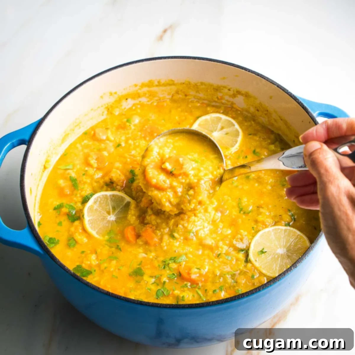 Nourishing Vegan Lemon Chickpea Rice Soup 13 Dutch oven with chunky lemony rice soup being served with a ladle.