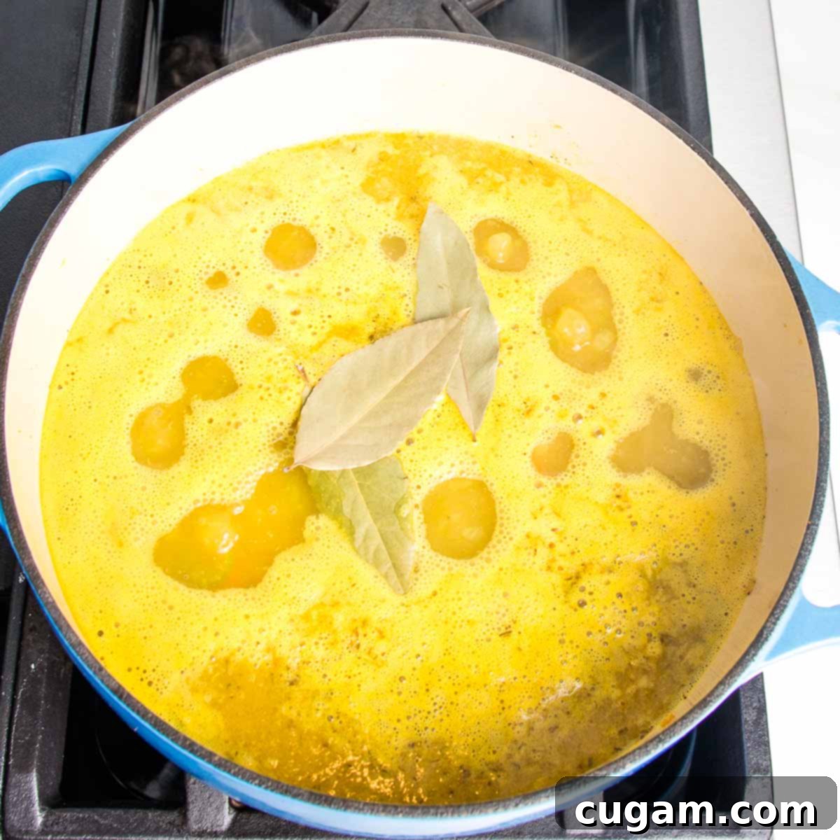 Nourishing Vegan Lemon Chickpea Rice Soup 9 Dutch oven with vibrant yellow broth and bay leaves, simmering gently.