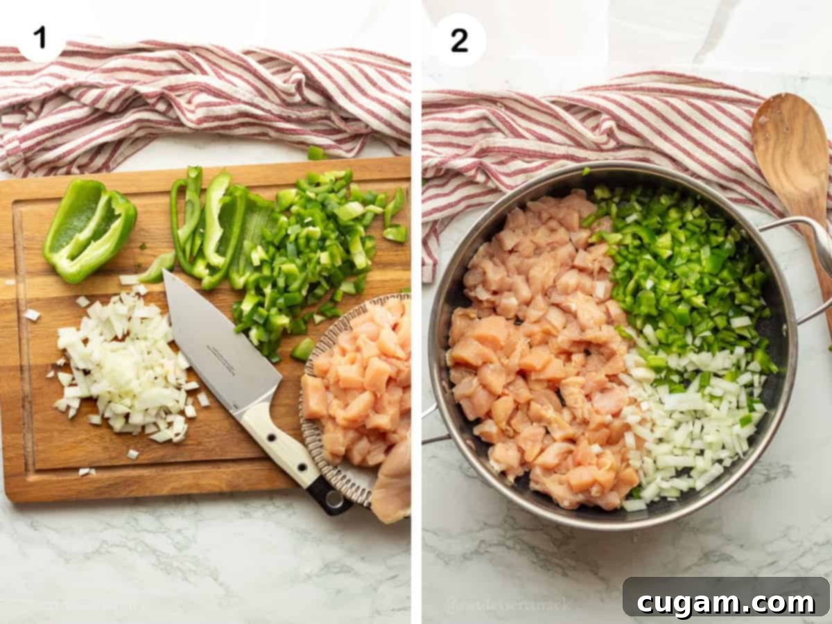 Collage of two images showing how to prepare chicken and green peppers for enchilada filling.