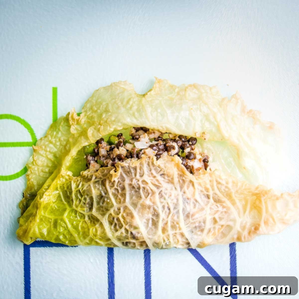 Hearty Vegan Cabbage Bundles 11 Cabbage leaf with filling in center, bottom folded up half way.