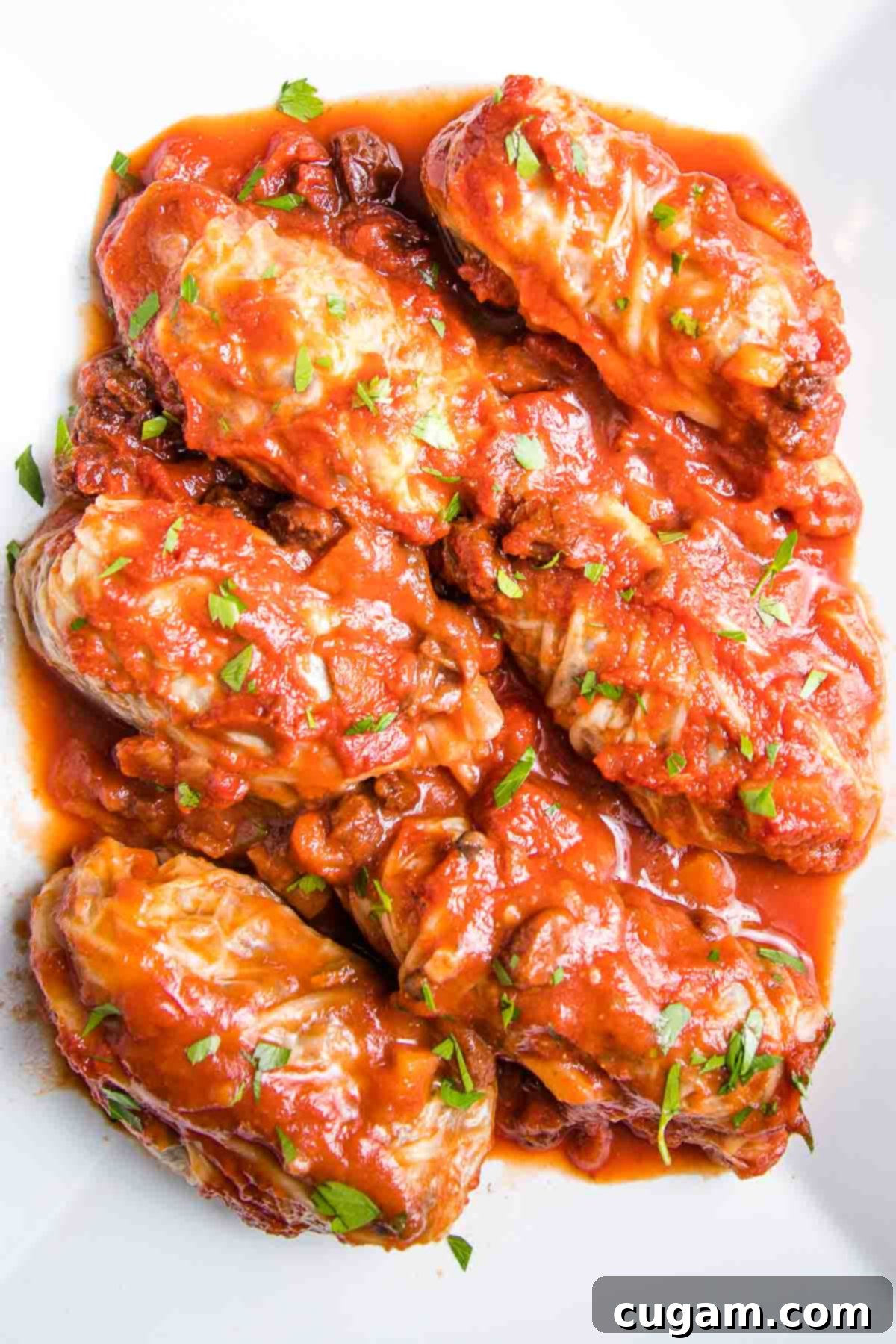 Hearty Vegan Cabbage Bundles 19 Stuffed cabbage rolls smothered in sweet and sour tomato sauce on a platter.