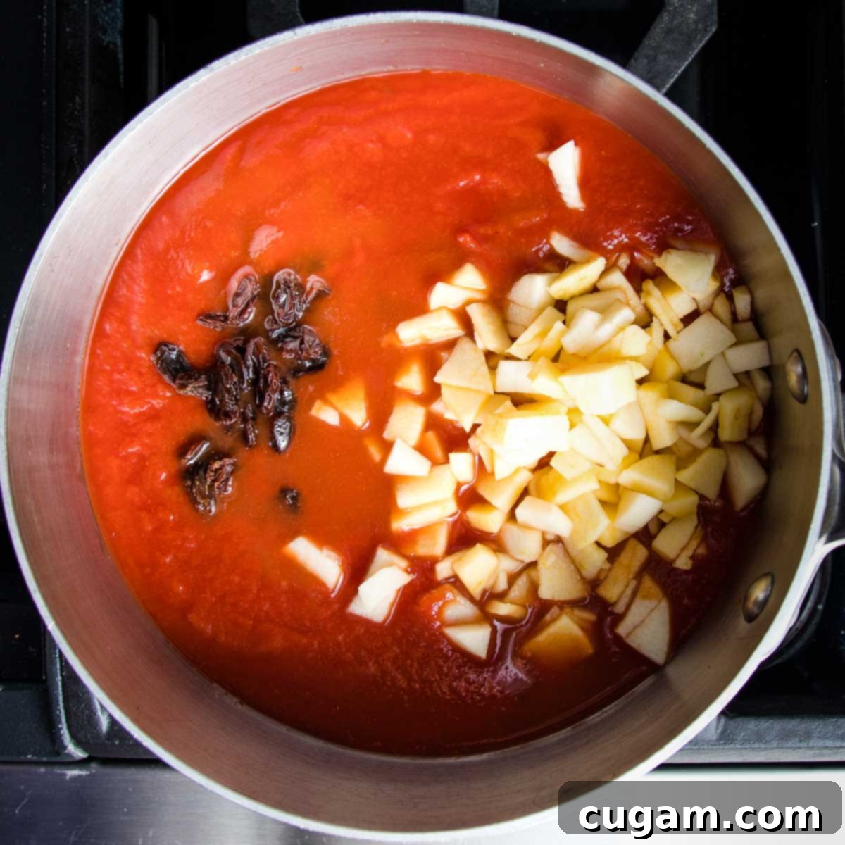 Hearty Vegan Cabbage Bundles 6 Red sauce in pot with raisins and chopped apple chunks.