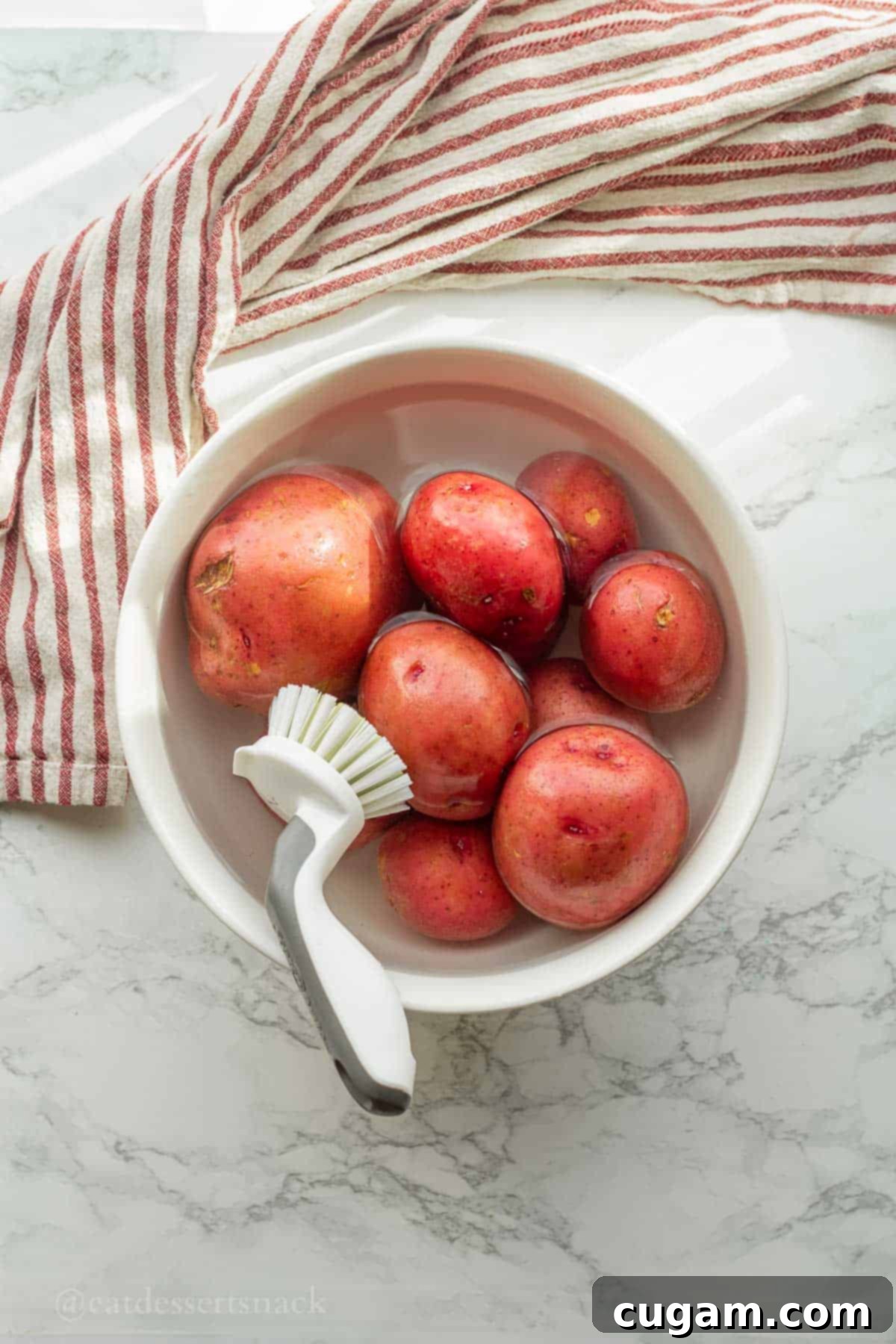 Washing red potatoes in bowl of water with scrub brush.