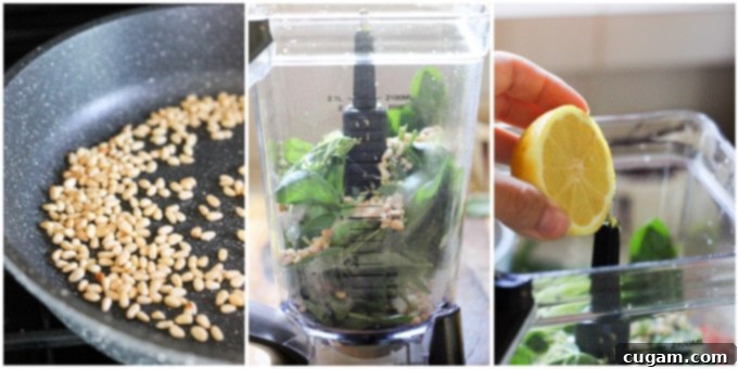 Three step-by-step photos illustrating the process of making basil pesto in a food processor, from ingredients to finished sauce.