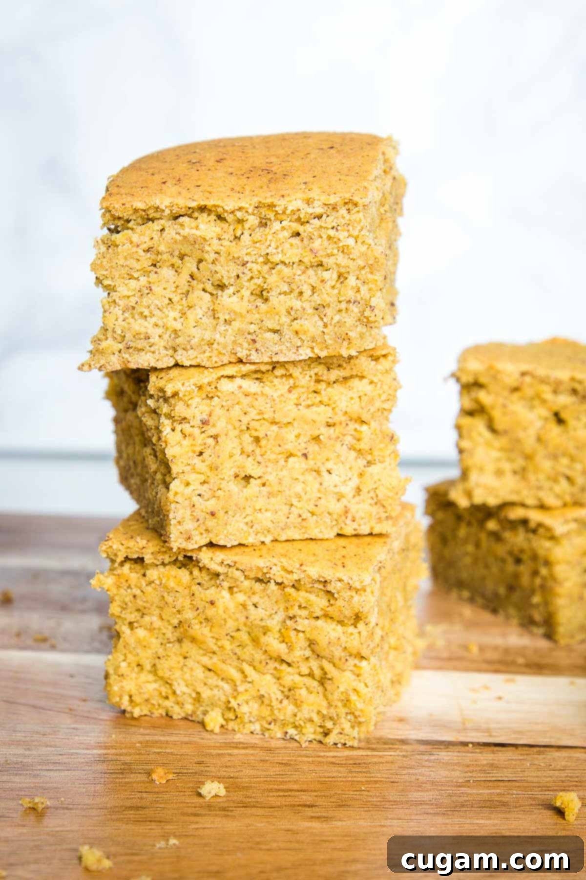 Gluten-Free Vegan Double Corn Cornbread 2 Three square pieces of golden-brown gluten-free vegan cornbread are neatly stacked on a rustic wooden board, showcasing their inviting texture.