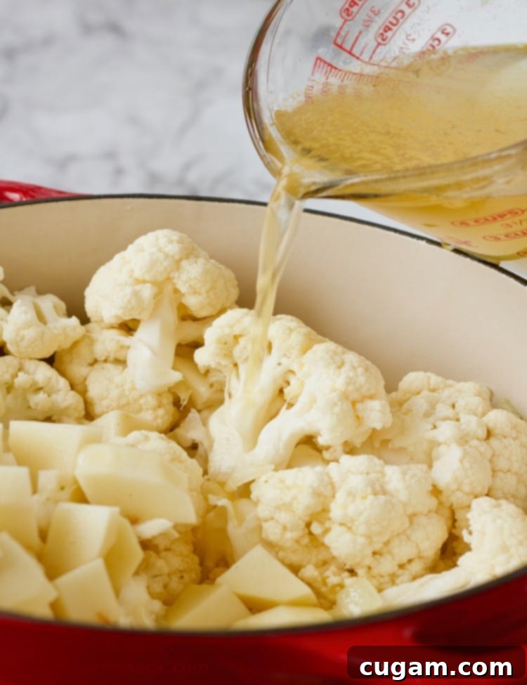 Close-up of potatoes and cauliflower florets in a red pot with chicken broth being poured over them, ready for simmering.