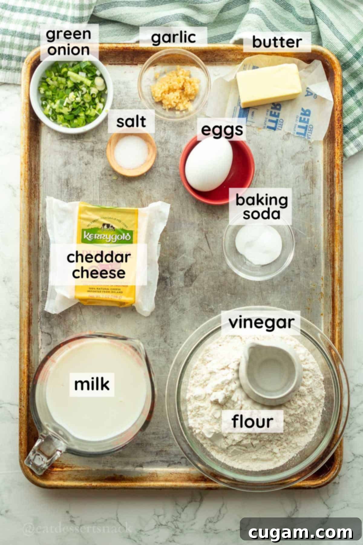 Labeled ingredients for irish cheddar soda bread.