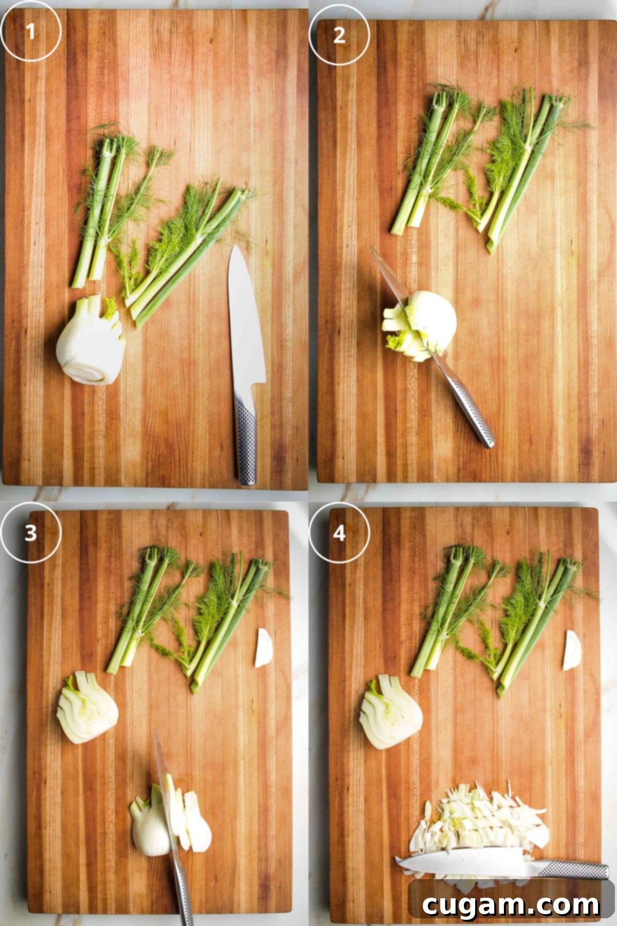 Four step visual guide on how to cut a fennel bulb: 1. Remove fronds, 2. Halve bulb lengthwise, 3. Slice each half into thin strips, 4. Dice strips into small cubes, shown on a cutting board.