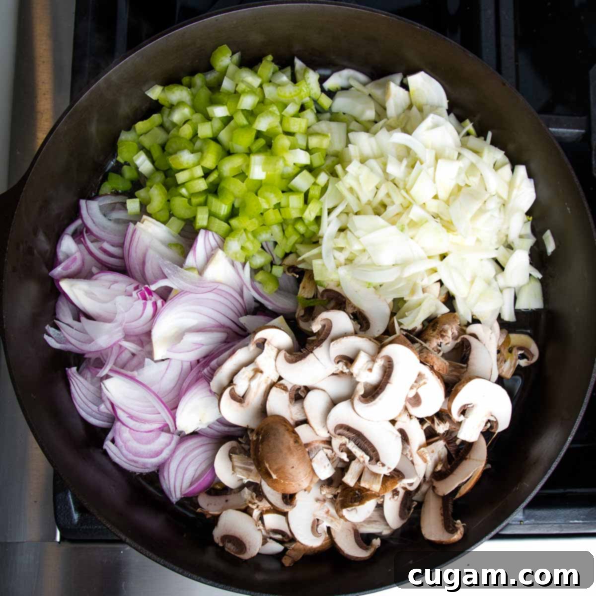 Cast iron pan filled with raw sliced mushrooms, onions, celery, and fennel, ready to be sautéed for the stuffing base.