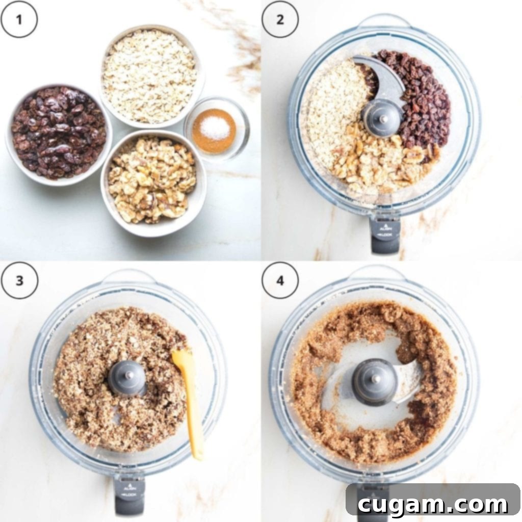 4 steps in photos to gluten-free pumpkin pie crust. 1: ingredients, bowl with raisins soaking, 2: ingredients in bowl of food processor, 3: pulsed ingredients with spatula scraping down sides, 4: crumbly crust.
