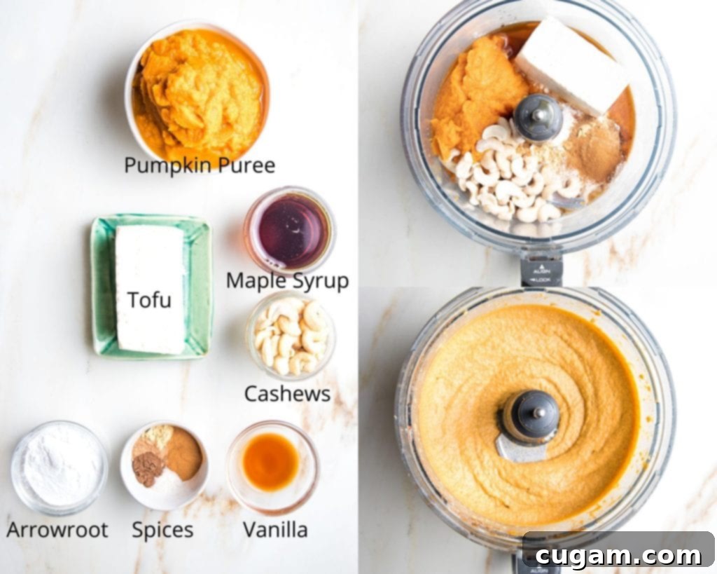 Ingredients for vegan pumpkin pie filling: pumpkin puree, tofu, maple syrup, cashews, arrowroot powder, vanilla, spices,