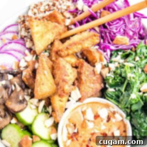 Crispy tofu pieces in a bowl with brightly colored cooked and raw veggies plus a peanut dipping sauce in a bowl.