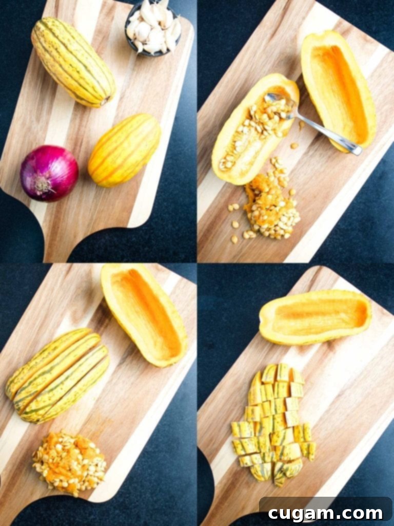 After halving and de-seeding, delicata squash is sliced into strips, then uniformly cut into cubes, ready for roasting.