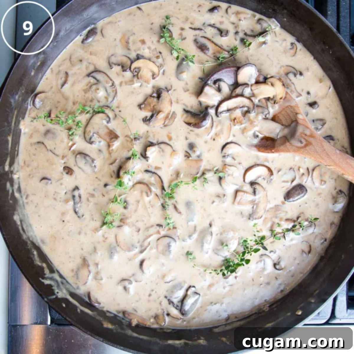 A finished, thick, and creamy vegan mushroom stroganoff sauce in a cast iron skillet, garnished with fresh herbs and ready to serve.